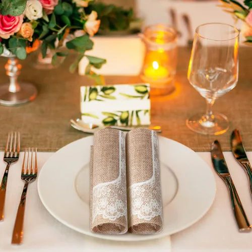 Miniatura 6 de Jinei 100 servilletas de papel de arpillera, toallas de baño para invitados, toallas de mano desechables de encaje para boda, 2 capas, servilletas