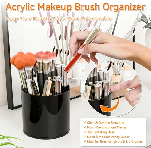 Miniatura 4 de Yieach Soporte giratorio de acrílico para brochas de maquillaje para tocador, encimera de baño, organizador de brochas de maquillaje redondas