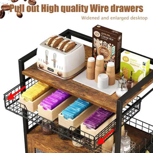 Miniatura 2 de Hencawima Gabinete de barra de café, mesa de estación de café de 3 niveles con ruedas, carrito de barra de 35.9 pulgadas de alto con cajón de cesta