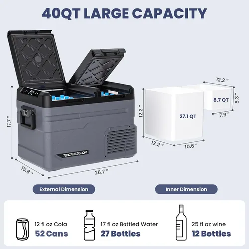 Miniatura 2 de TECXERLLON Refrigerador eléctrico de doble zona para automóvil de 12 voltios, congelador portátil de 40 cuartos de galón con control de APP