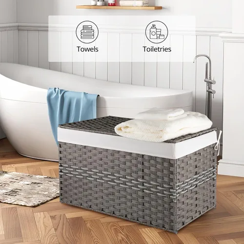 Miniatura 5 de OIAHOMY Cesta de Almacenamiento Grande con Tapa, 42.3 Galones (160L) Cesta para Mantas con Bolsa de Forro Extraíble, Cesto de Mimbre con Asa, Gris