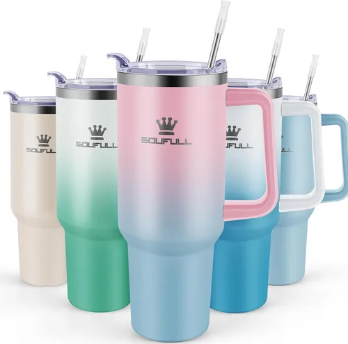 Miniatura 12 de Vaso de 40 onzas con asa y tapa con popote, taza de café de viaje 100% a prueba de fugas, taza aislada de acero inoxidable para bebidas frías