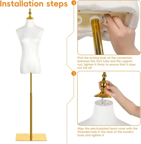 Miniatura 9 de Forma de vestido de torso de maniquí femenino con soporte de metal dorado, modelo de exhibición de ropa de altura ajustable de 47 a 75 pulgadas