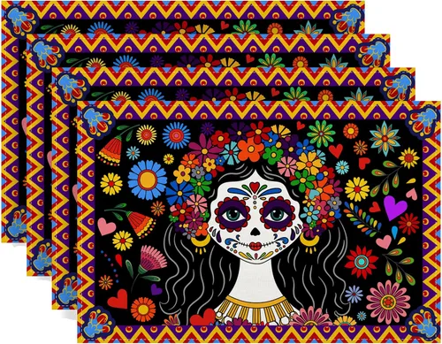 Juego de 4 manteles individuales del Día de los Muertos Dia De Los Muertos, Altar Mexicano de Muertos, decoración y suministros para mesa del hogar,