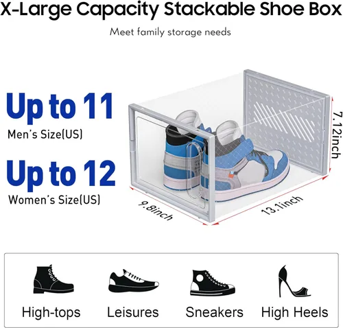 Miniatura 4 de eWonLife Caja Organizadora de Zapatos Grande con Puerta Magnética, Juego de 12 Contenedores Apilables de Plástico Transparente para Zapatos, Conecta