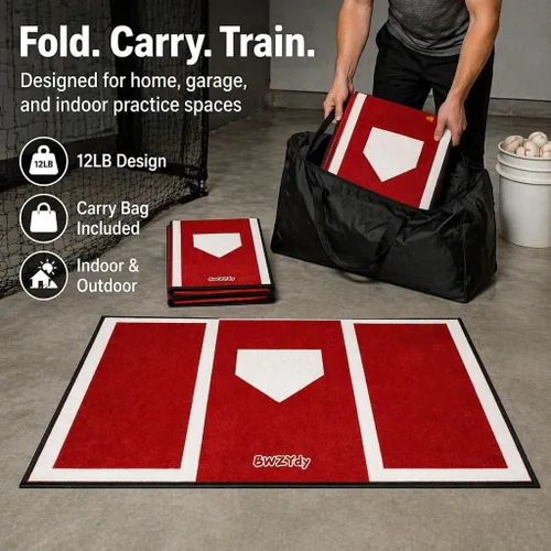 Miniatura 4 de Alfombrilla de Bateo de Béisbol y Sóftbol – Base de Goma Antideslizante de 6 x 4 pies, Home Plate con Caja del Bateador, Diseño Plegable de 12
