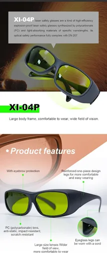 Miniatura 4 de Gafas de seguridad láser XI-04P Gafas de seguridad láser 200-450nm/800-1100nm/1000-1090nm Profesional OD7+YAG Gafas protectoras láser industriales