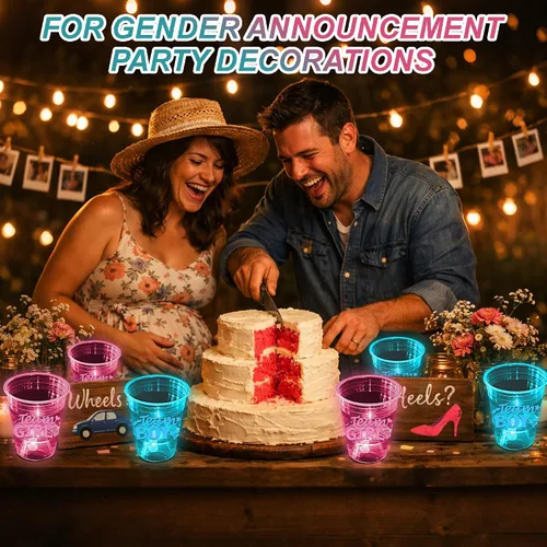 Miniatura 7 de mishunyus Paquete de 40 vasos que brillan en la oscuridad para revelación de género, suministros de fiesta de baby shower de equipo para niños