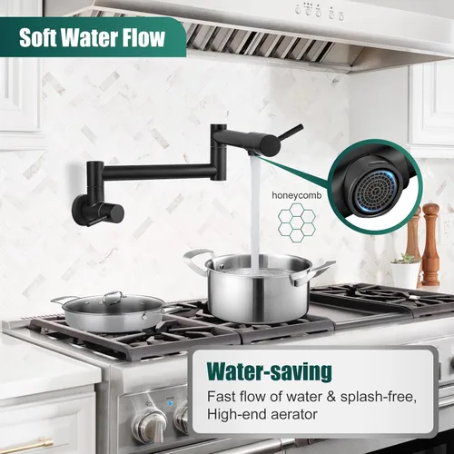 Miniatura 9 de Heyalan Pot Filler - Llenador de ollas de 19 pulgadas para montaje en pared, plegable, extensible, grifo de cocina y restaurante de acero Negro mate
