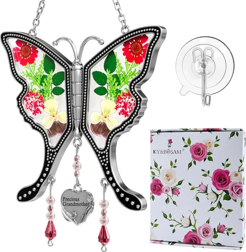 Miniatura 19 de KY&BOSAM Atrapasoles de mariposa con texto en inglés "I Love You Sister" para ventanas con flores secas y prensadas reales, dije de corazón grabado