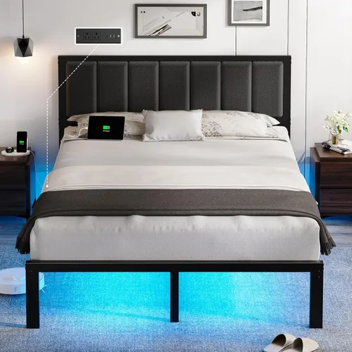 Miniatura 10 de OLEVS Marco de cama matrimonial con cabecero, plataforma de metal, tamaño completo con estación de carga USB y luces LED, no necesita somier