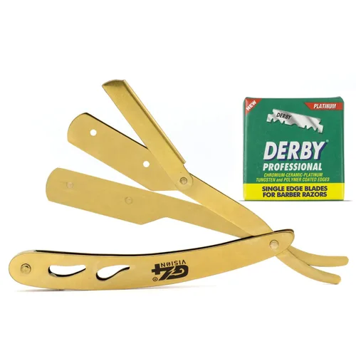 G4 Maquinilla de afeitar profesional de borde recto para hombres con 100 cuchillas derby reemplazables para barbero Dorado