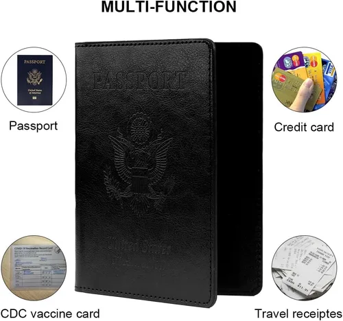 Miniatura 5 de Funda de cuero para pasaporte - Cartera de pasaporte de viaje para mujeres y hombres, artículos esenciales para el aeropuerto con protector, Negro