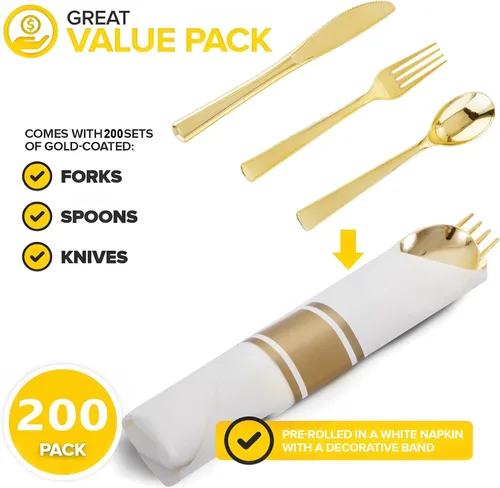 Miniatura 2 de Juego de cubiertos de plástico dorado pre-enrollados para 200 invitados - Cubiertos dorados de servicio pesado - Incluye paquete de 200 utensilios