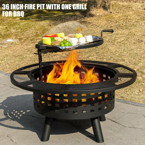 Miniatura 5 de Verdeluxe Hoguera al Aire Libre de 91 cm con Parrilla, Hogueras de Leña para Exteriores con Tapa y Atizador, Mesa de Hoguera 3 en 1 de Metal