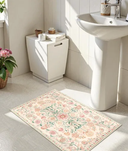 Miniatura 7 de Uphome Alfombra de baño bohemia con diseño floral beige, ultra suave, antideslizante, vintage, lavable a máquina, alfombra de baño floral para baño