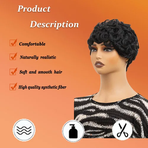 Miniatura 2 de Cabello rizado Pixie para mujer con flequillo para mujer (negro y rizado) Pixie - Pelucas sintéticas en capas, pelucas cortas para mujeres negras
