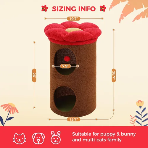 Miniatura 4 de PETEPELA Camas para gatos de 2 niveles para gatos de interior, casa de árbol para gatos con cama de flores extraíble, lindo escondite de gatos