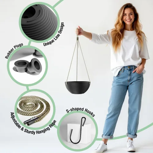 Miniatura 7 de Asnext Maceta colgante de 10 pulgadas con patrón de línea para plantas de interior y exterior, paquete de 2 macetas colgantes redondas para plantas