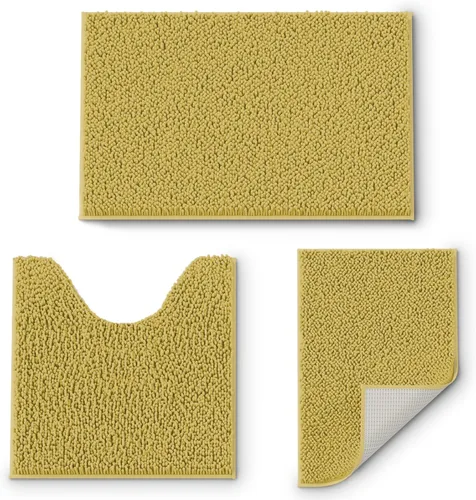 Miniatura 11 de Juego de 3 tapetes de baño de felpilla, antideslizantes, ultra suaves, absorbentes con forma de U para inodoro, baño, bañera, ducha, color verde