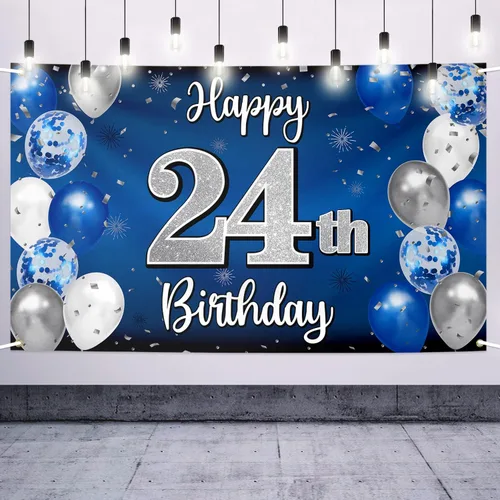 Miniatura 30 de Decoraciones de Feliz Cumpleaños Número 14, Globo Azul y Plateado Grande Pancarta de Fondo Letrero de Cumpleaños, Brindis por Catorce Años 14th