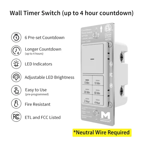 Miniatura 5 de Interruptor temporizador de cuenta regresiva Minoston para ventiladores y luces de baño, 5/10/30/60 minutos, 2/4 horas, interruptor temporizador
