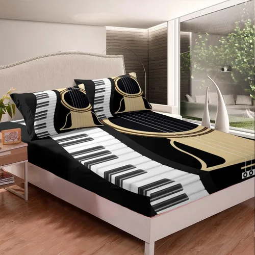 Miniatura 3 de Erosebridal Sábanas de guitarra tamaño individual para niños y niñas, sábanas de teclados de piano, sábanas bajeras con temática musical