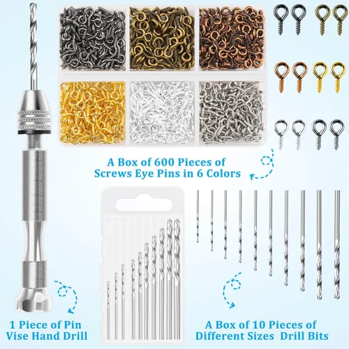 Miniatura 2 de Shynek Juego de broca manual con tornillo de banco, taladro manual con 600 ganchos pequeños de ojo de tornillo y 10 brocas de diferentes tamaños 6