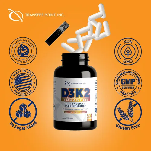Miniatura 4 de D3K2 mejorado con calcio y bioperine® - 5000 UI de vitamina D3 + 100 mcg de vitamina K2 MK-7 - Fórmula una vez al día, 60 cápsulas