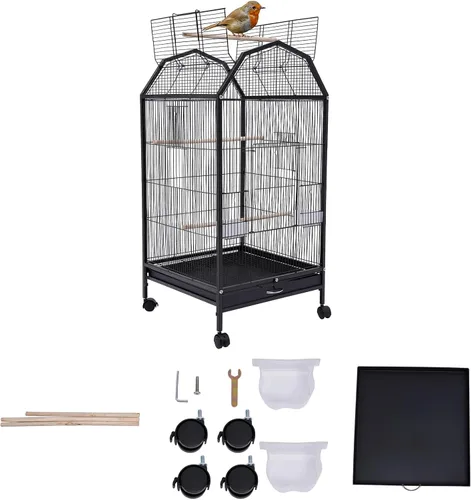 Jaula para pájaros con ruedas, 18 x 18 x 40 pulgadas con parte superior abierta con soporte, jaulas grandes de metal para pájaros con perchas y