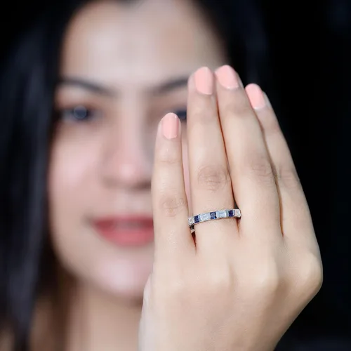 Miniatura 4 de Certified Lab Grown Blue Sapphire Eternity Band, AAAA Quality, Sapphire Moissanite Anniversary Ring - Ready To Gift