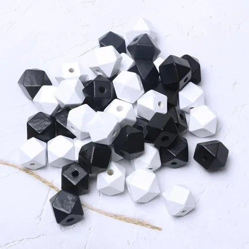 Miniatura 2 de 100 cuentas geométricas de madera de 0.630 in, cuentas espaciadoras de madera con forma de polígono en blanco y negro para proyectos