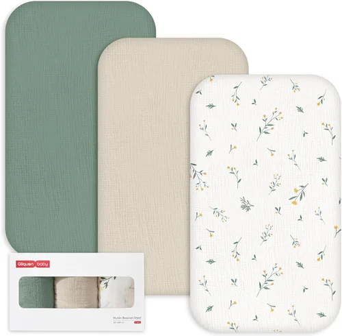 Miniatura 28 de Gllquen Baby Sábanas de Muselina para Moisés Paquete de 3, Sábanas Ajustadas de Algodón Transpirables Elásticas y Acogedoras para Colchón de Moisés