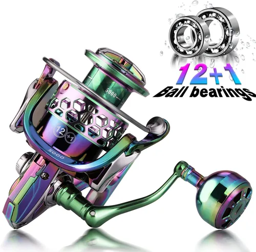 Miniatura 4 de Sougayilang Carrete de pesca, carretes giratorios de marco de aluminio colorido con 12+1 BB inoxidable, mango de aluminio de gran tamaño para pesca