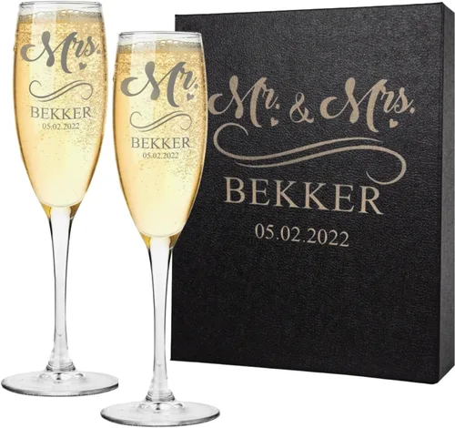 Juego de 2 copas de champán personalizadas – Flautas de champán grabadas Mr and Mrs – Regalo de cristalería con tallo personalizado para boda,