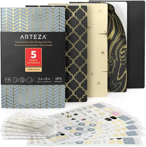 Miniatura 8 de ARTEZA Cuadernos de bolsillo, 5 x 8 pulgadas, juego de 5, 40 hojas cada uno, diseño abstracto, 2 rayados, 2 puntos y 1 diario de tapa blanda