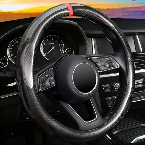 Miniatura 12 de ZHOL - Funda para volante de fibra de carbono, tamaño estándar universal de 37-38 cm, accesorios de moda y deporte para volante de coche para Negro