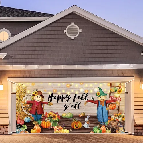 Miniatura 7 de Hosuly Pancarta decorativa de otoño para puerta de garaje de 13 x 6 pies, extra grande, telón de fondo de espantapájaros de calabaza y otoño