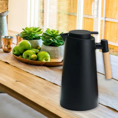 Miniatura 2 de Jarra térmica de doble pared de 1 litro, olla térmica al vacío con mango de madera, hervidor de agua, frasco aislado, jarra de té que mantiene
