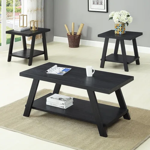 Roundhill Furniture Atenas Juego de mesa de café de 3 piezas de estante de madera contemporánea, negro