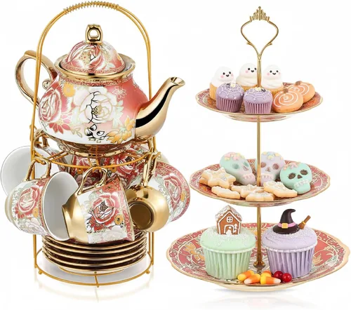 Miniatura 8 de Maxcheck Juego de 21 piezas para fiesta de té para adultos, juego de té floral europeo con soporte de metal y soporte de pastel de cerámica de 3