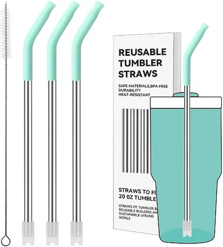 Miniatura 76 de Pajitas de metal rectas para vaso Stanley de 40 onzas, paquete de 3 popotes reutilizables de acero inoxidable con puntas de silicona y cepillo Gris