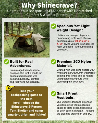 Miniatura 7 de Camping Tent 2 Person,Ultra Large Capacity, Lightweight 3 Season Backpacking Tent 2 Person, 20D Nylon/Taffeta PU3000mm, Free Standing, Ideal for