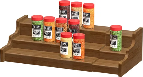 Organizador de gabinete para especias de bambú - Estante de exhibición de nogal expandible de madera de 3 niveles Marrón
