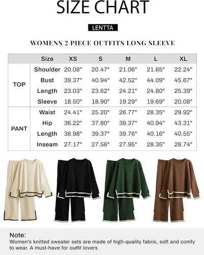 Miniatura 6 de Lentta Conjunto de 2 piezas de suéter de punto de manga larga para mujer, pantalones de pierna ancha, conjunto de descanso