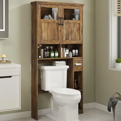 Miniatura 13 de Vabches Armario de almacenamiento sobre el inodoro con puertas dobles, soporte para papel higiénico y estante ajustable, ahorro de espacio Gris