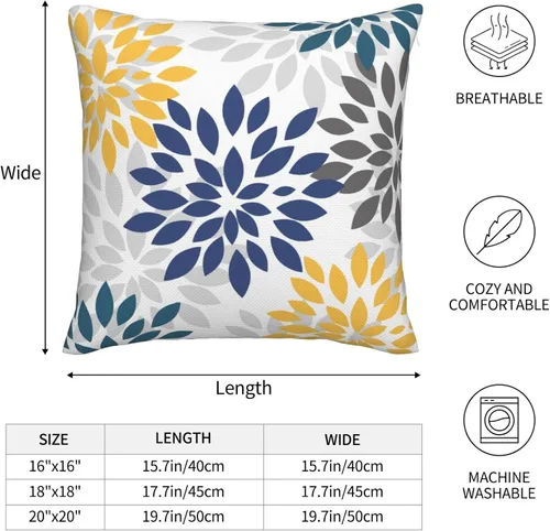 Miniatura 2 de Fundas de almohada azul marino y amarillo de 18 x 18 pulgadas, color verde azulado y gris, funda de almohada moderna con flores de dalia, 2 piezas