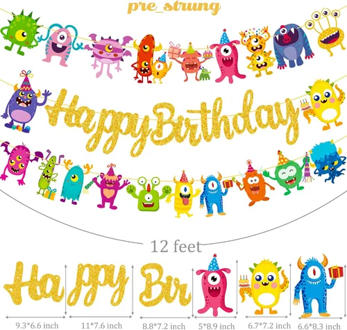 Miniatura 3 de Cartel de monstruo de feliz cumpleaños, suministros de fiesta de cumpleaños con purpurina para niños, tema de monstruo pequeño, baby shower