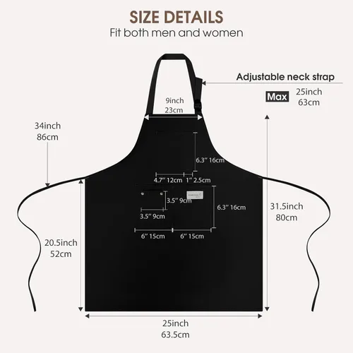 Miniatura 4 de Delantales de chef de algodón para hombres y mujeres, bolsillos grandes, material de lona Negro