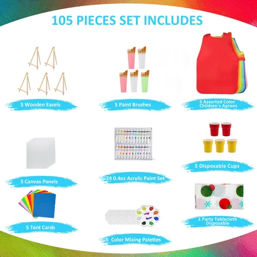 Miniatura 5 de Rabbitale Juego de 105 piezas de suministros de pintura artística para fiestas, 50 pinceles, 24 pinturas acrílicas, 5 caballetes de madera, paneles